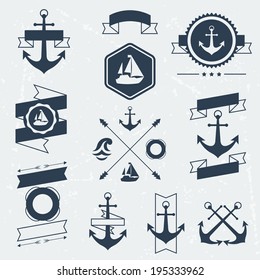 Collection of nautical symbols, icons, badges and elements.