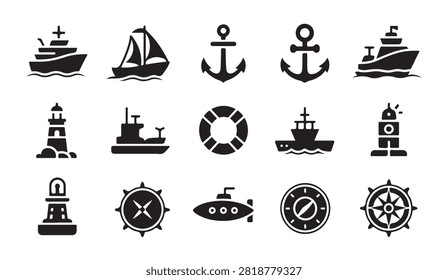 Collection of nautical symbols including sailing vessels marine gear navigational aids and signal beacons.