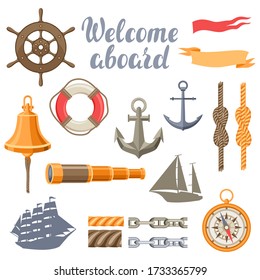 Collection of nautical symbols and items. Marine retro decorative illustration.