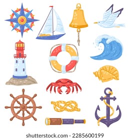 Collection of nautical symbols and items. Marine cute illustration.