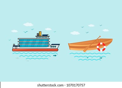 Collection of nautical vehicles: sail boat, ship, vessel, luxury yacht, speedboat, rowboat with wooden paddle and buoy. Vector set icons isolated on blue background.