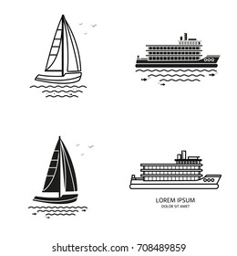 Collection of nautical vehicles: sail boat, ship, vessel, luxury yacht, speedboat. Vector set icons isolated on white background.