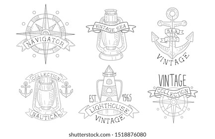 Collection of Nautical Vintage Sea Labels, Navigator, Lighthouse Hand Drawn Retro Badges Vector Illustration