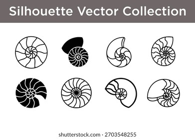 Una colección de siluetas y contornos de concha de nautilus en formato Vector, perfecto para proyectos de diseño.