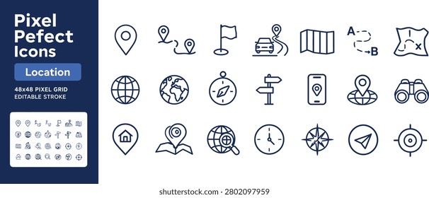 A collection of navigation icons including location markers, compass, map, and direction symbols.