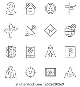Collection of navigation line icon. Containing street, highway, directions, parking, traffic light, signpost, GPS, drive, crosswalk, roundabout and more. Set of nautical compass navigation icons.