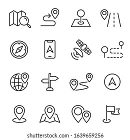 Collection of navigation line icons or symbols - map pin, location mark, route, path or road, compass, signpost, globe, satellite, mobile phone, magnifier. Monochrome linear vector illustration.