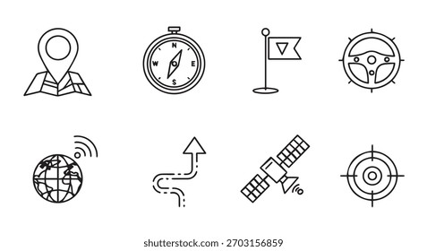 Collection of navigation and location icons in a clean minimalist line art silhouette style