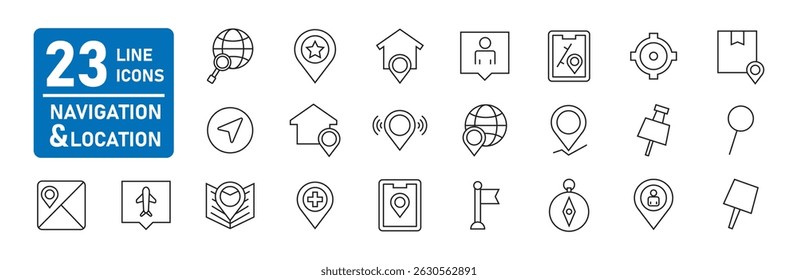 Uma coleção de ícones de navegação e localização em estilo de linha. mapa, localização do pin, bússola, destino, bandeira e mais isolado no fundo branco