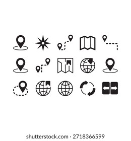 Collection of navigation and location icons in a simple black and white style
