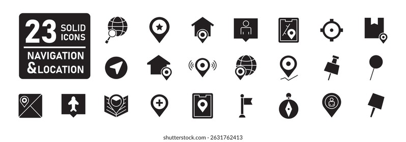 A collection of navigation and location icons in solid style. map, pin location, compass, target, flag and more isolated on white background