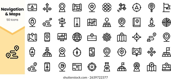 A collection of navigation and map icons, showcasing various symbols like location markers, compasses, and directional signs in a sleek, minimalist design.