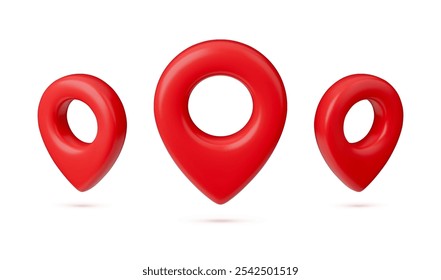 Collection of navigation signs. Three view of GPS, geotag, map pointer. Vector illustration of red place maps isolated on a white background.