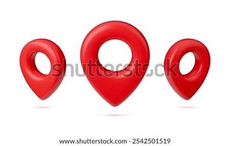 Collection of navigation signs. Three view of GPS, geotag, map pointer. Vector illustration of red place maps isolated on a white background.