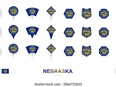 Colección de la bandera de Nebraska en diferentes formas y con tres efectos diferentes. Indicador de vector establecido.