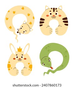 Collection of neck pillows. Plush animal toys - cat, rabbit, snake and rodent. Soft anti-stress cuddly pillow toy for travel, comfort, sleep and games. Isolated vector illustrations in flat style