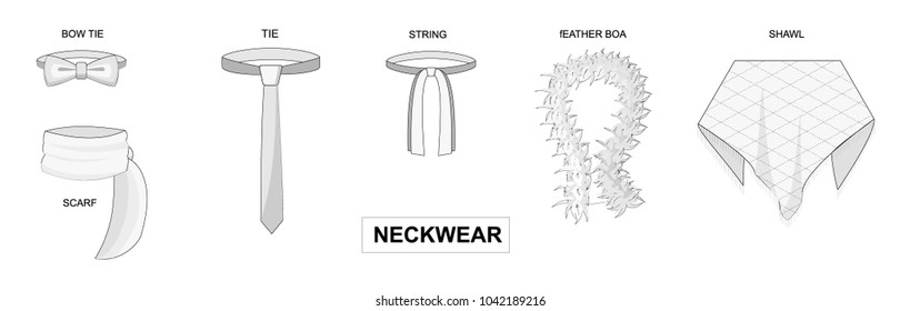 Collection Of Neckwear: Bow Tie, Tie, Scarf, String, Feather Boa, Shawl.