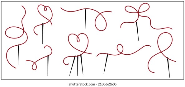 Collection of needles with red thread. Flat vector graphic.