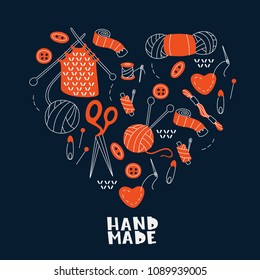 Collection of Needlework Accessories. Hand Drawn Vector Illustration Isolated on White Background.