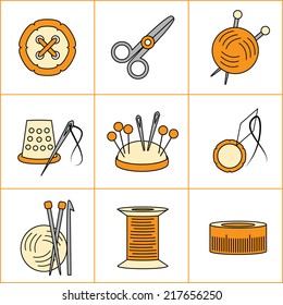Collection of needlework, knitting, sewing icons, retro cartoon style (vector illustration)