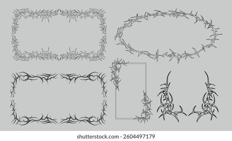 Collection Of Neo tribal cyber sigilism gothic frame. Grunge Y2k Tattoo Streetwear Graphic Elements Shapes Vector Design