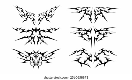 Collection of neo tribal sigilisms with a sharp, stiff touch. Symmetrical shape Cyber ​​Gothic Element vector design pattern in abstract black color