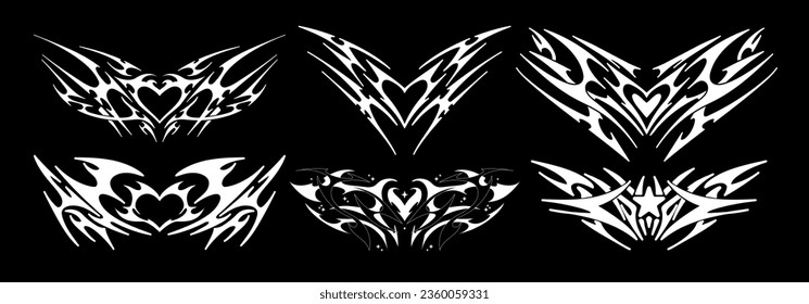 Collection of Neo Tribal symmetrical shapes. Gothic y2k sharp spikes with bones. Vector shape set