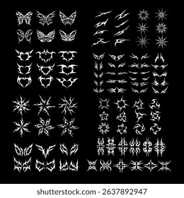 collection of neo tribal y2k vector set with butterfly forms, starbursts, and circular sigil motifs. Ideal for tattoos, logos, stickers, or mystical design