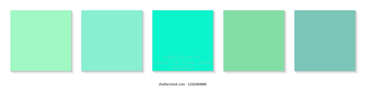 Collection of neo-mint colors. Neo mint color of the year 2020 inscription. 3D vector background, illustration.