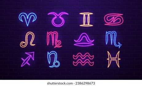 A collection of neon bright glowing horoscope signs in different colors on a brick wall background. A concept for astrology.