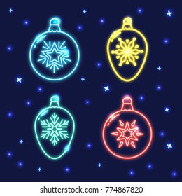 Collection of neon Christmas bauble line icons on dark background.