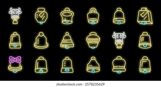 Collection of neon cowbell icons with diverse styles and colors