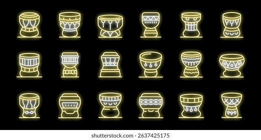 Collection of neon drum icons with various designs and patterns