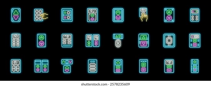 Collection of neon elevator button designs on a black background