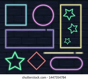 Collection of neon frame, different shapes. Electric decoration for night club. Bright signboard. Shiny billboard, blue and yellow.