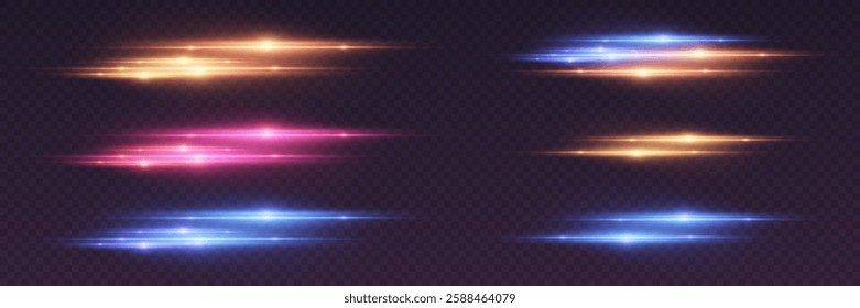 Collection of neon glares of light, laser line effect.