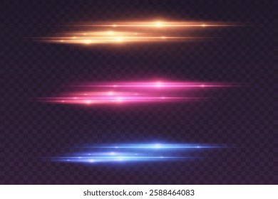 Collection of neon glares of light, laser line effect.