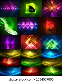 Collection of neon glowing abstract backgrounds, magic energy templates set. Vector illustration of future techno wallpapers for presentations or web banners