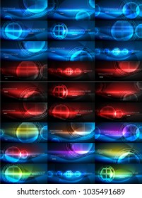 Collection of neon glowing abstract backgrounds, magic energy templates set. Vector illustration of future techno wallpapers for presentations or web banners