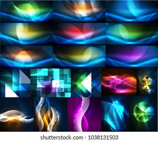 Kollektion von neonleuchtenden abstrakten Hintergründen, Zaubervorlagen Set. Vektorgrafik zukünftiger Techno-Bildschirmhintergründe für Präsentationen oder Webbanner