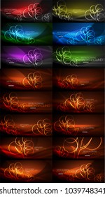 Collection of neon glowing abstract backgrounds, magic energy templates set. Vector illustration of future techno wallpapers for presentations or web banners