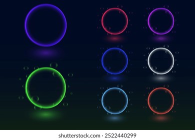 Collection of neon glowing circles. Magic flare effect and futuristic modern neon glowing frames.