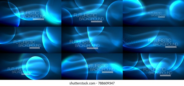 Colección de ondas de partículas brillantes de neón, efectos de luz vectorial fondo abstracto