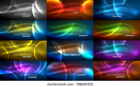 Collection of neon glowing particle waves, vector light effects abstract backgrounds