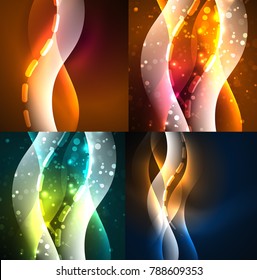 Collection of neon glowing particle waves, vector light effects abstract backgrounds