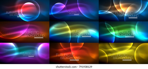 Colección de ondas de partículas brillantes de neón, efectos de luz vectorial fondo abstracto