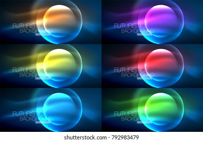 Collection of neon glowing particle waves, vector light effects abstract backgrounds