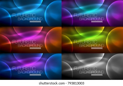 Collection of neon glowing particle waves, vector light effects abstract backgrounds