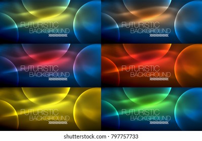 Collection of neon glowing particle waves, vector light effects abstract backgrounds