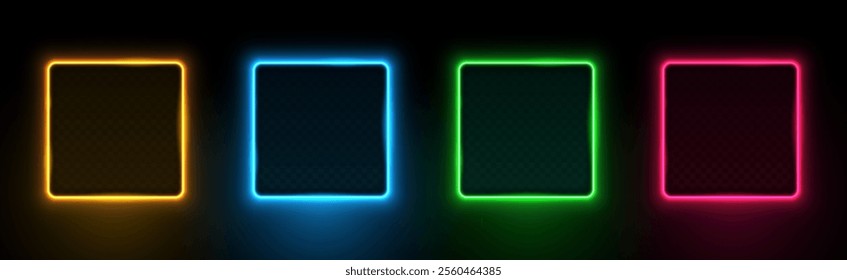 Collection of neon glowing square frames. Glowing frame. Orange, blue, green and red LED fluorescent lasers isolated on black background. Vector illustration.